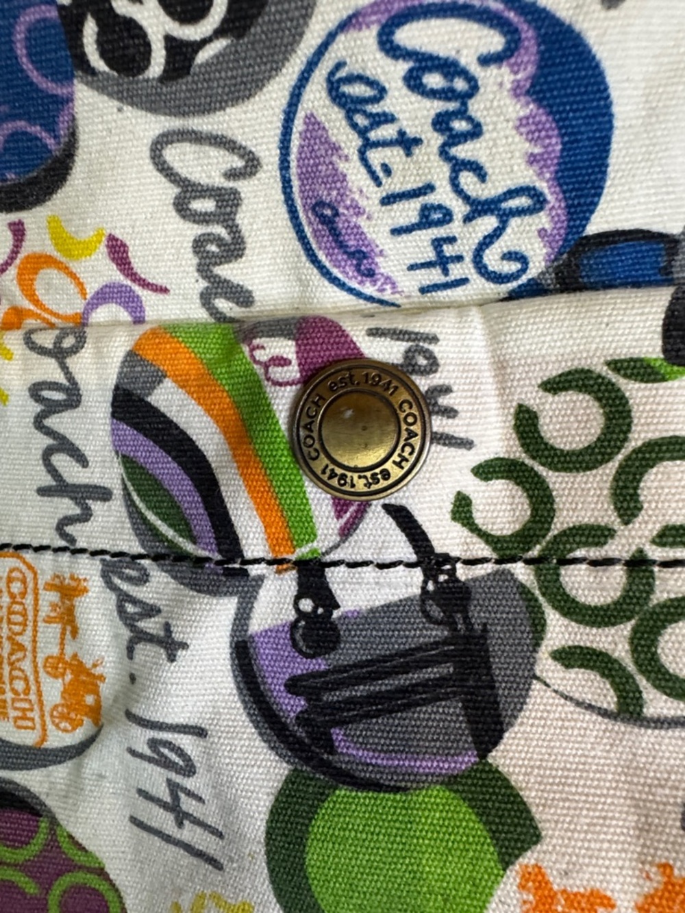 Vintage Coach Like Multicolor Logo Dot Canvas Tote with Black Leather Handles - Picture 2 of 12